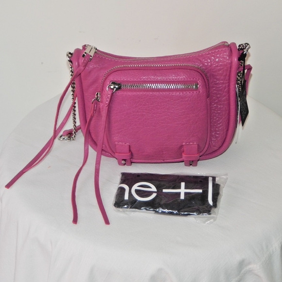 NWT SHE LO Genuine Pebbled Leather RISE ABOVE Chain Link Fuchsia Crossbody Bag - Picture 4 of 13